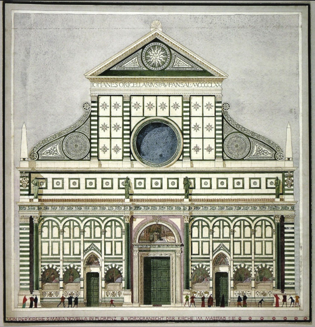 watercolor drawing by Joseph Frank of the facade of Leon Battista Alberti's Santa Maria Novella in Florence