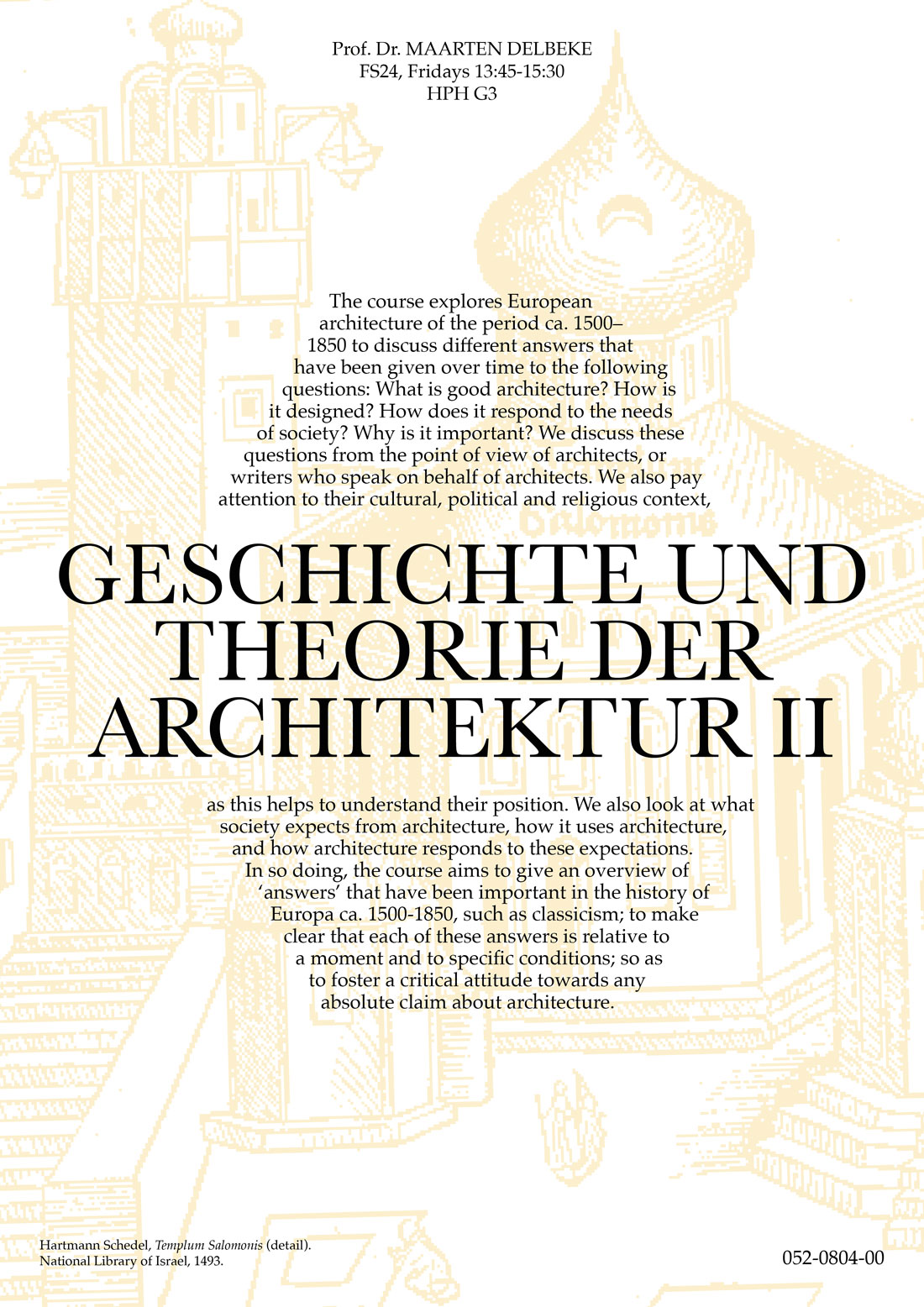 Poster for the course History and Theory of Architecture II with a background image inspired by a drawing imagining the Temple of Solomon