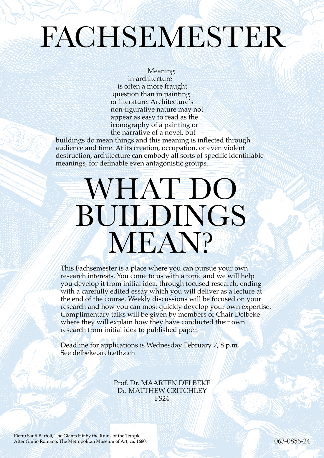 poster for the subject semester spring 2024 What do Building Mean? in front of a drawing after Pietro Santi Bartoli, The Giants Hit by the Ruins of the Temple, after Giulio Romano