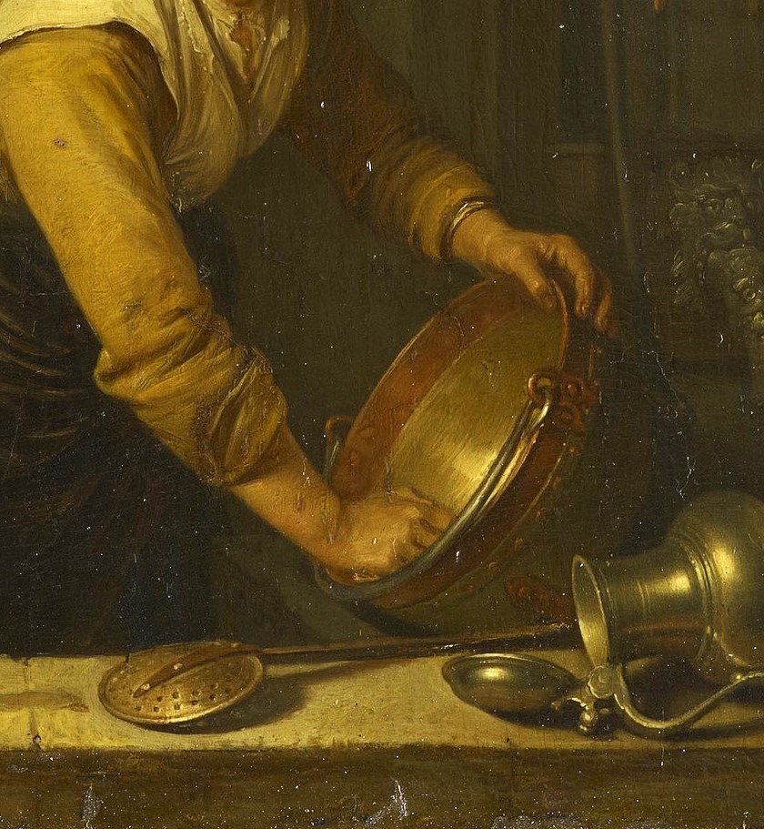 a detail of a painting showing the arms of a woman cleaning a brass bowl