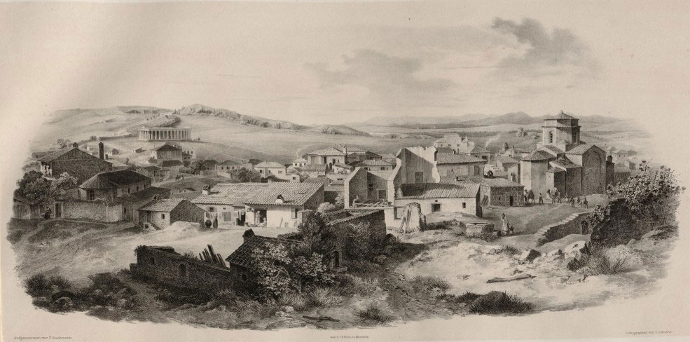 a print image of vernacular architecture buildings and ruins in Athens, Greece 1841