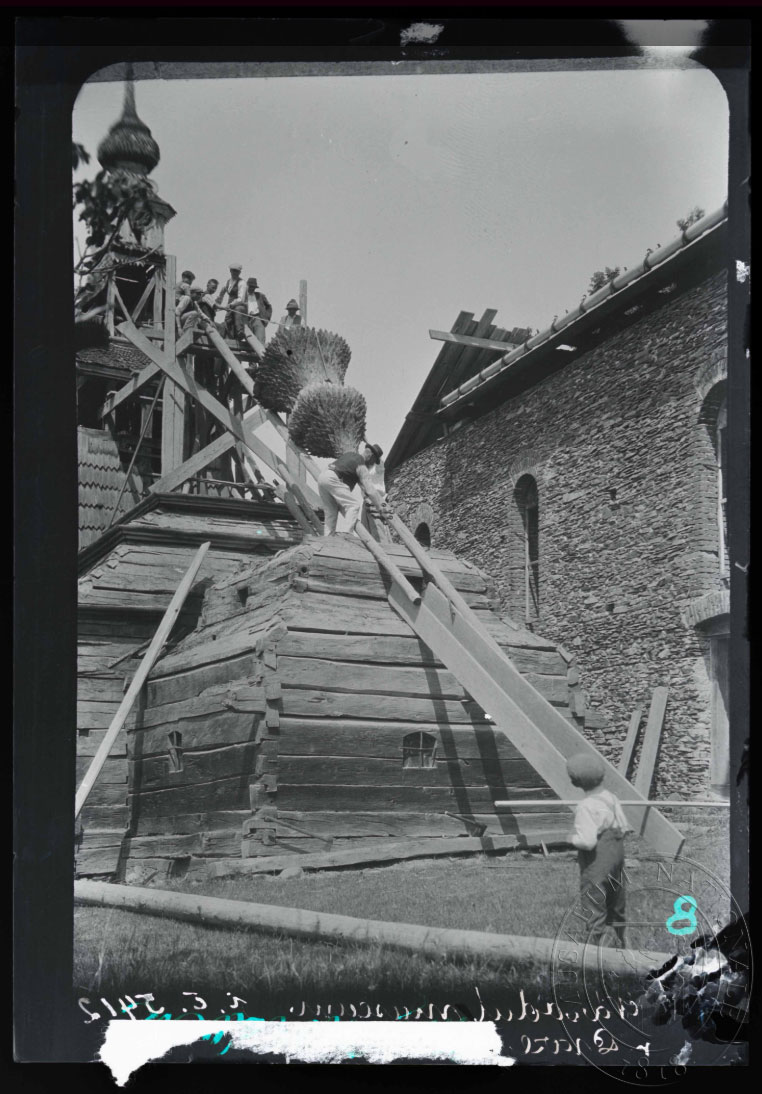Disassembly of the old wooden church of Medvedovce, Podkarpatska Rus, Czechoslovakia, before its relocation to Prague's Kinsky Garden in 1929
