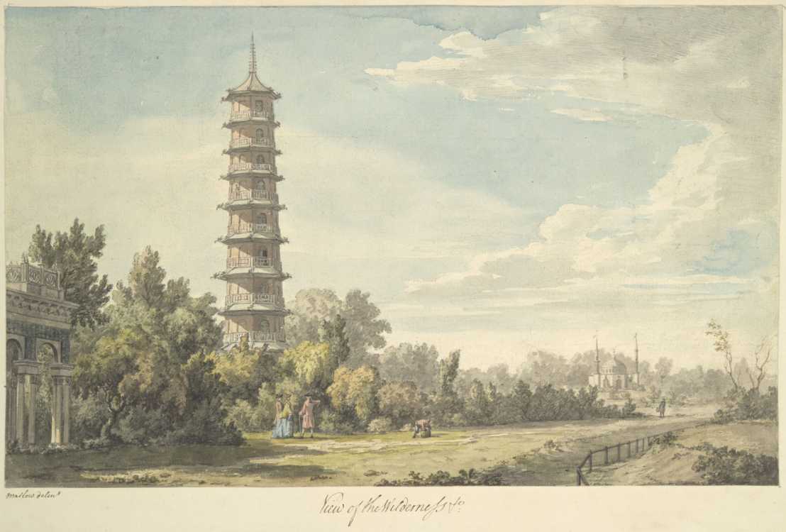 watercolor painting by William Marlow showing the Chinese pagoda at Kew gardens designed by Sir William Chambers